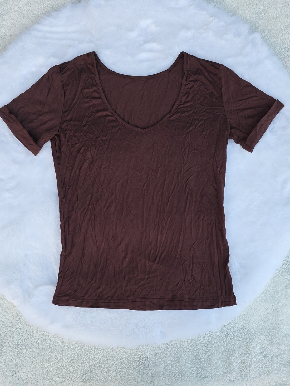 Brown Stretchy Flowy V Neck Short Sleeve Top Size XS